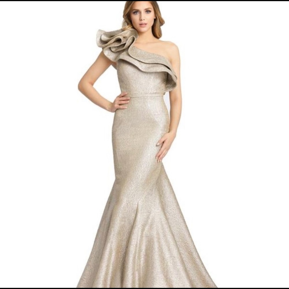 Mac Duggal One Shoulder Ruffled Trumpet Gown